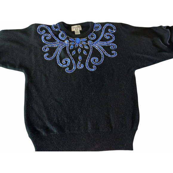 Vintage Cervelle Black Sweater Blue Sequins Beaded Size S Oversized Bedazzled - Picture 9 of 10